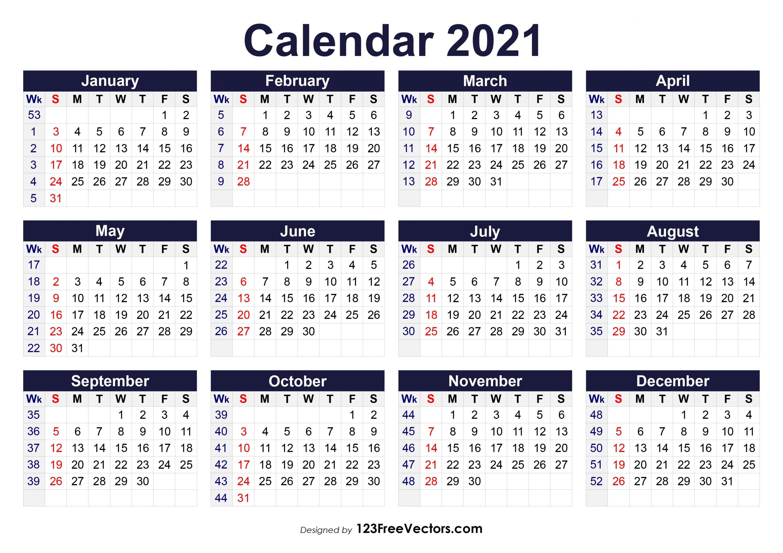 Free Printable 2021 Calendar With Week Numbers