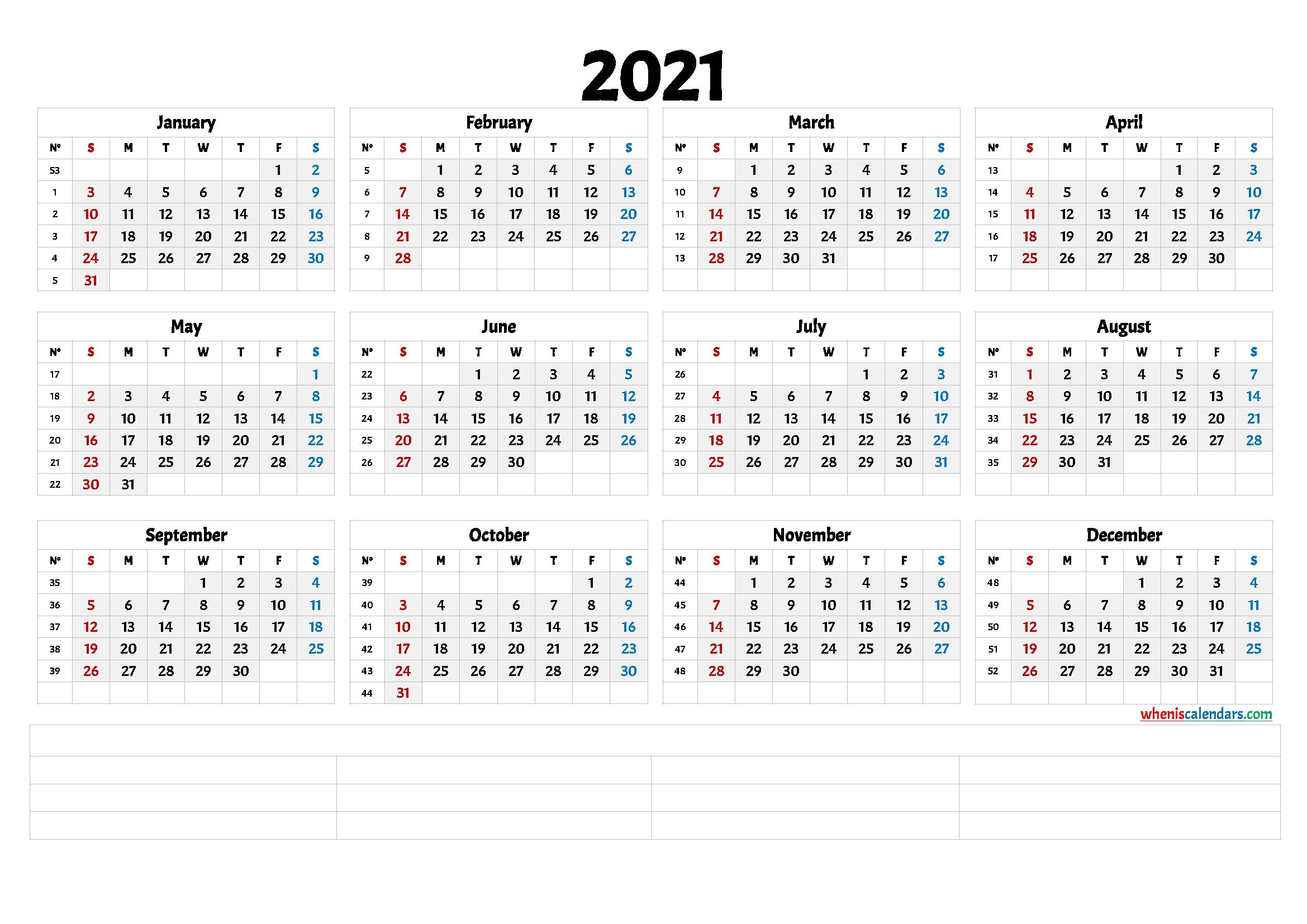 Free Printable 2021 Yearly Calendar With Week Numbers (6