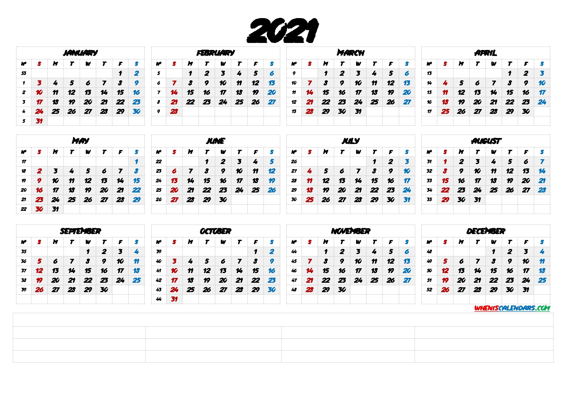 Free Printable 2021 Yearly Calendar With Week Numbers (6