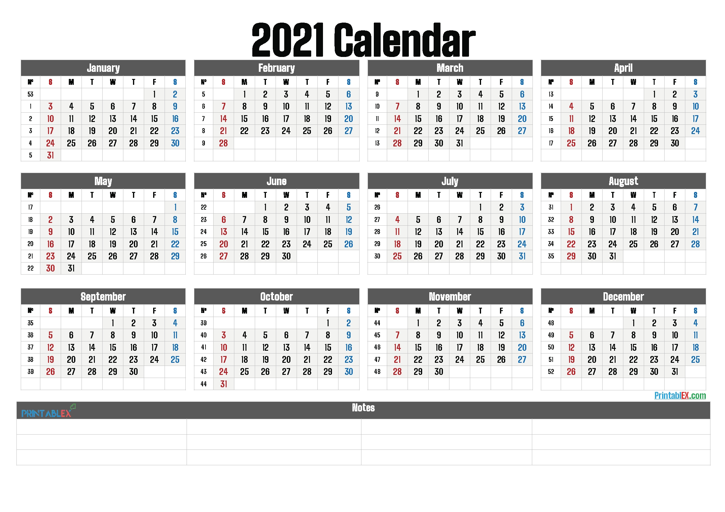 Free Printable 2021 Yearly Calendar With Week Numbers