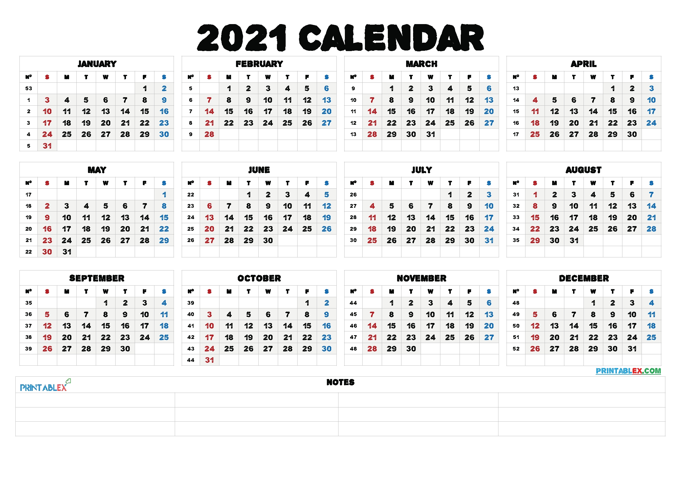 Free Printable 2021 Yearly Calendar With Week Numbers – Free