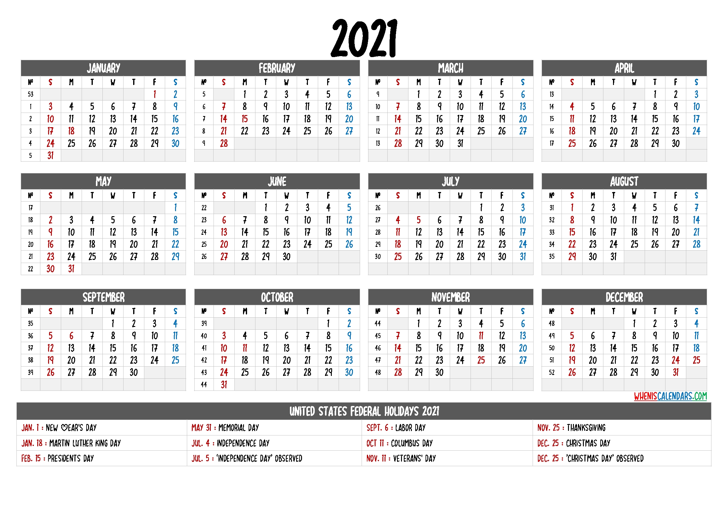 Free Printable Calendar 2021 With Holidays – 12 Templates