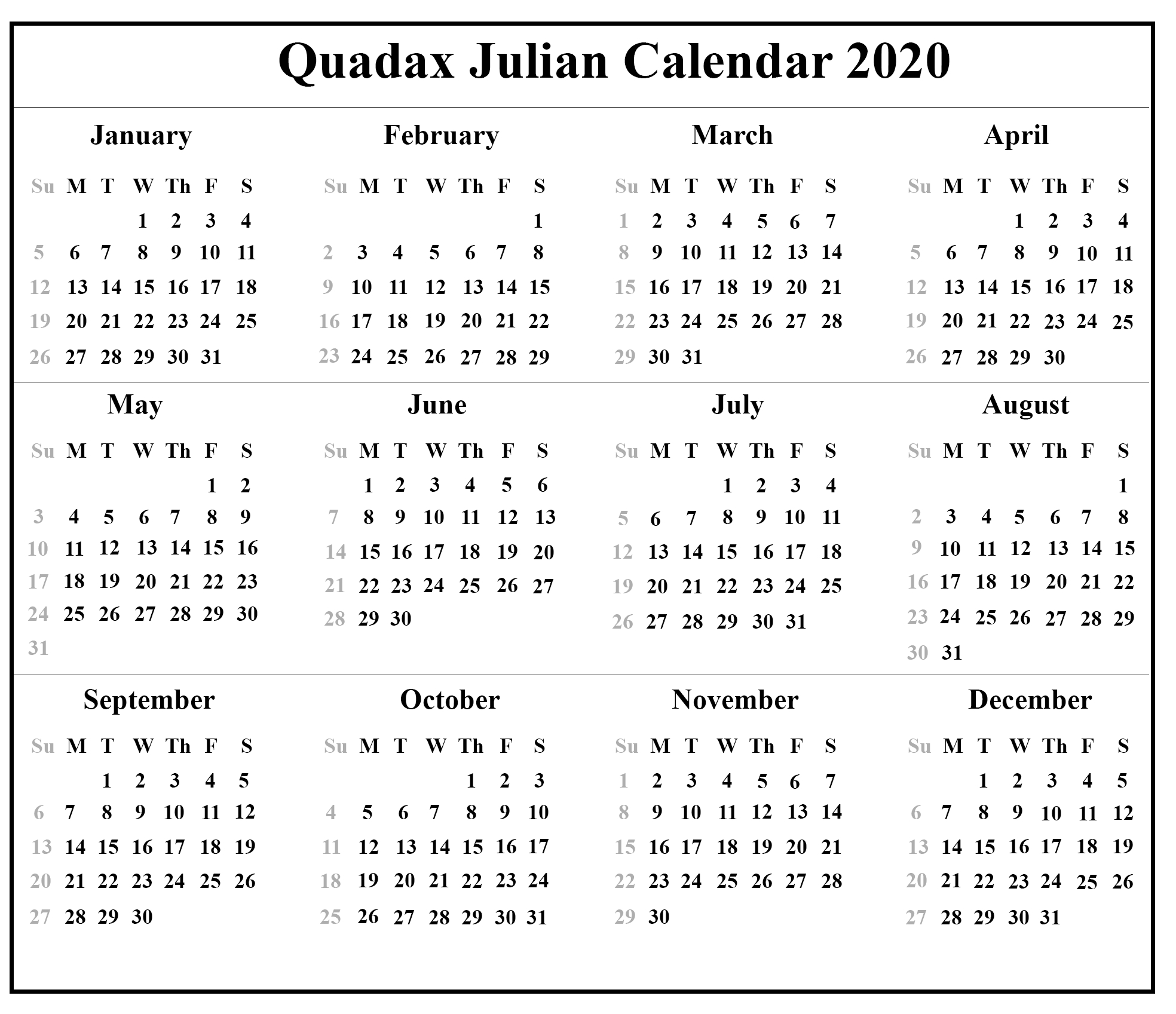 Free Printable Julian Calendar 2020 Template