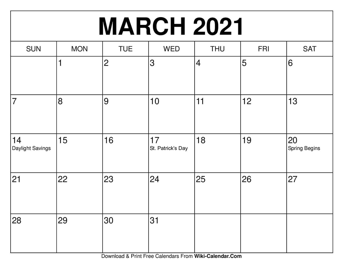 Free March 2021 Calendar