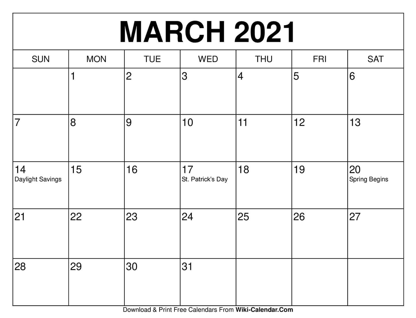 Free Printable March 2021 Calendars