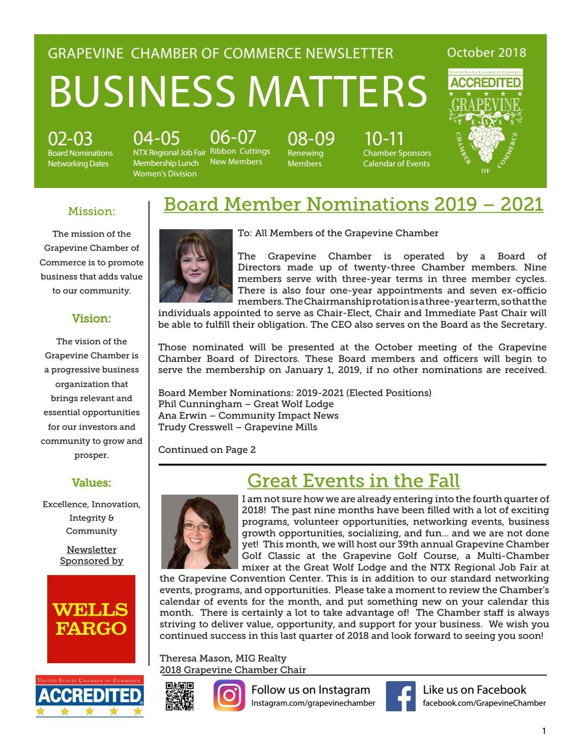 Grapevine Chamber Business Matters Newsletter October 2018