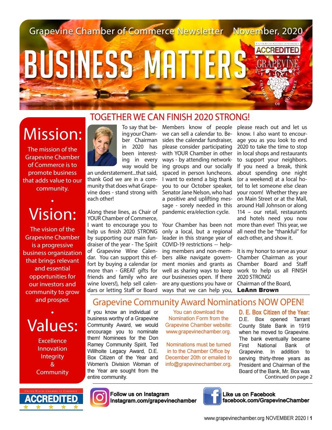 Grapevine Chamber November 2020 Newsletter By Grapevine