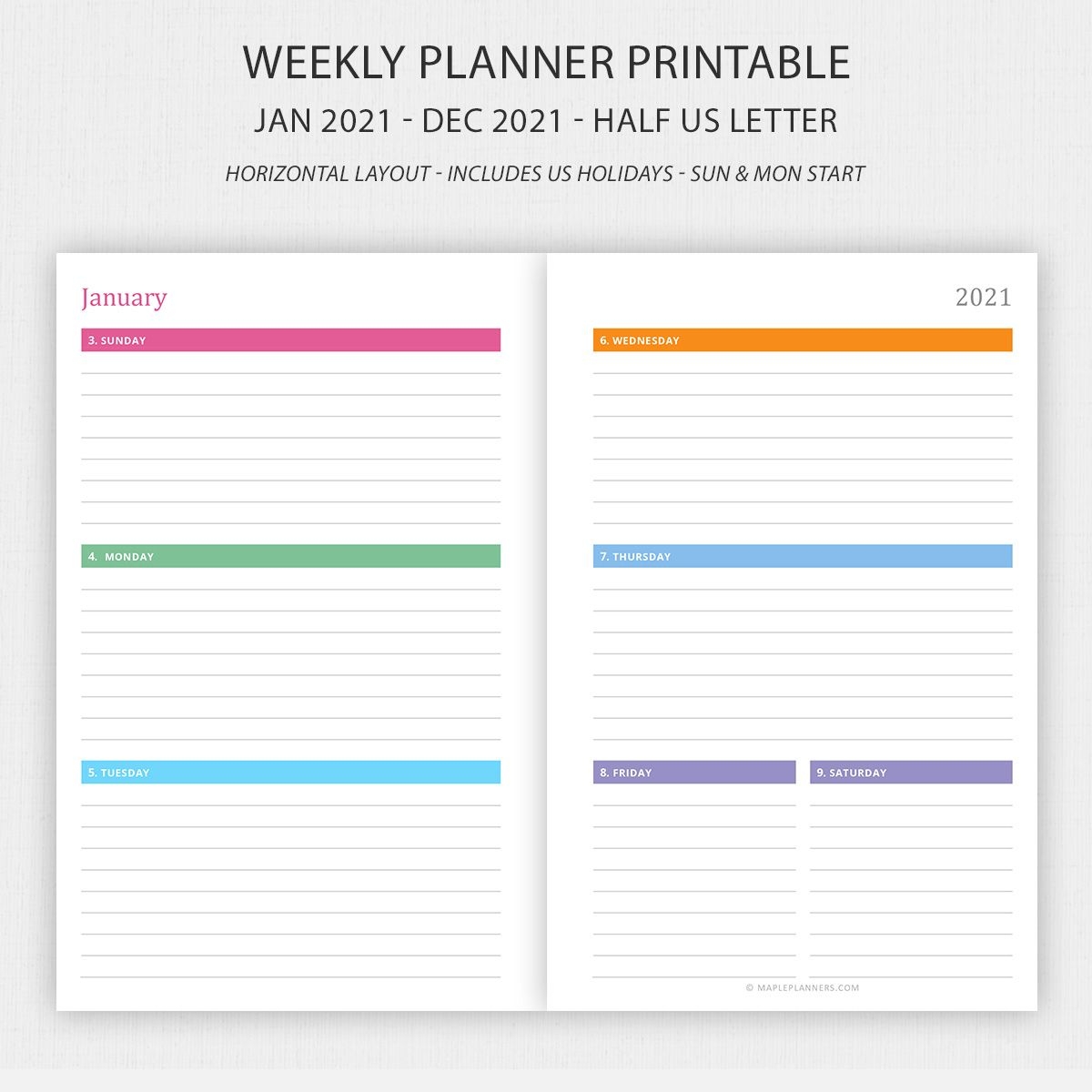 Half Letter Weekly Planner 2021 Horizontal Layout