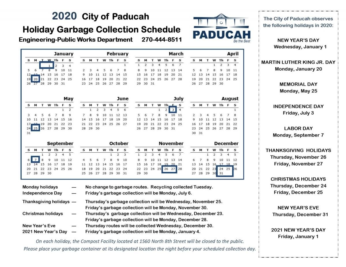 Holiday Schedule | City Of Paducah