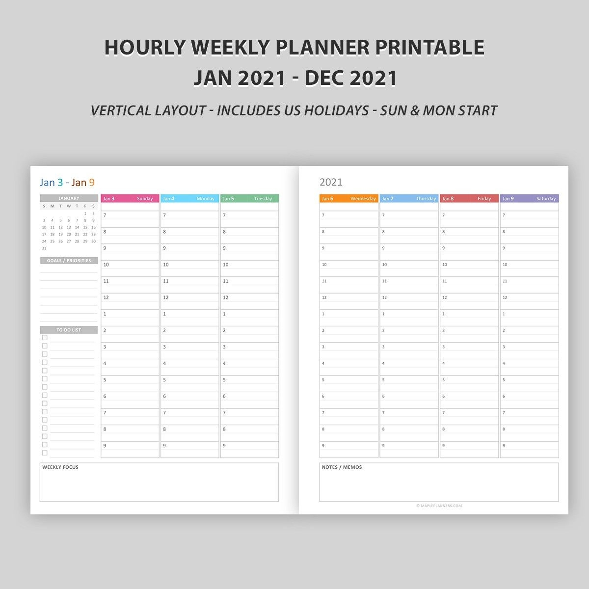 Hourly Weekly Planner 2021 Vertical Layout