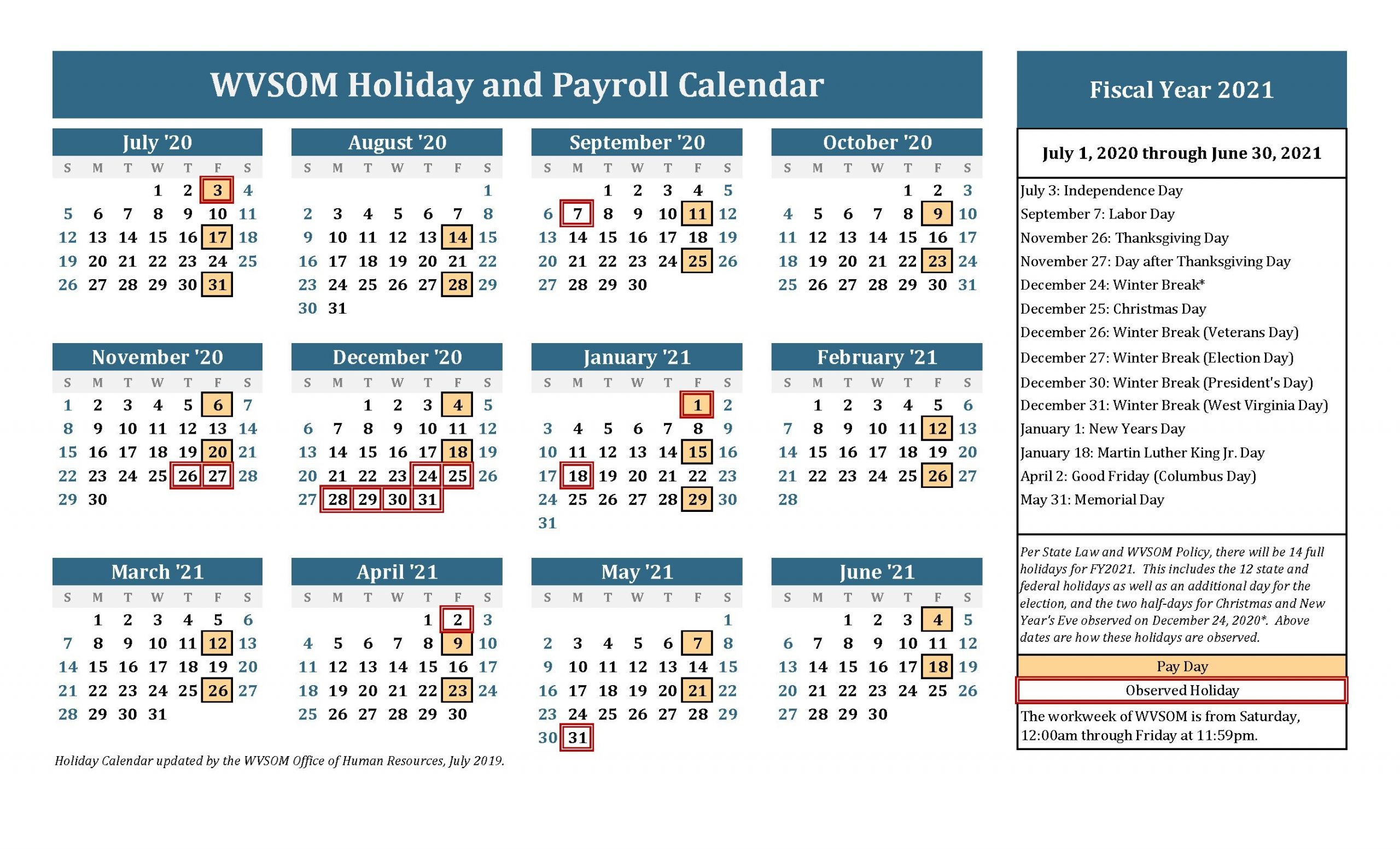 Universal 2021 Vacation Calendar