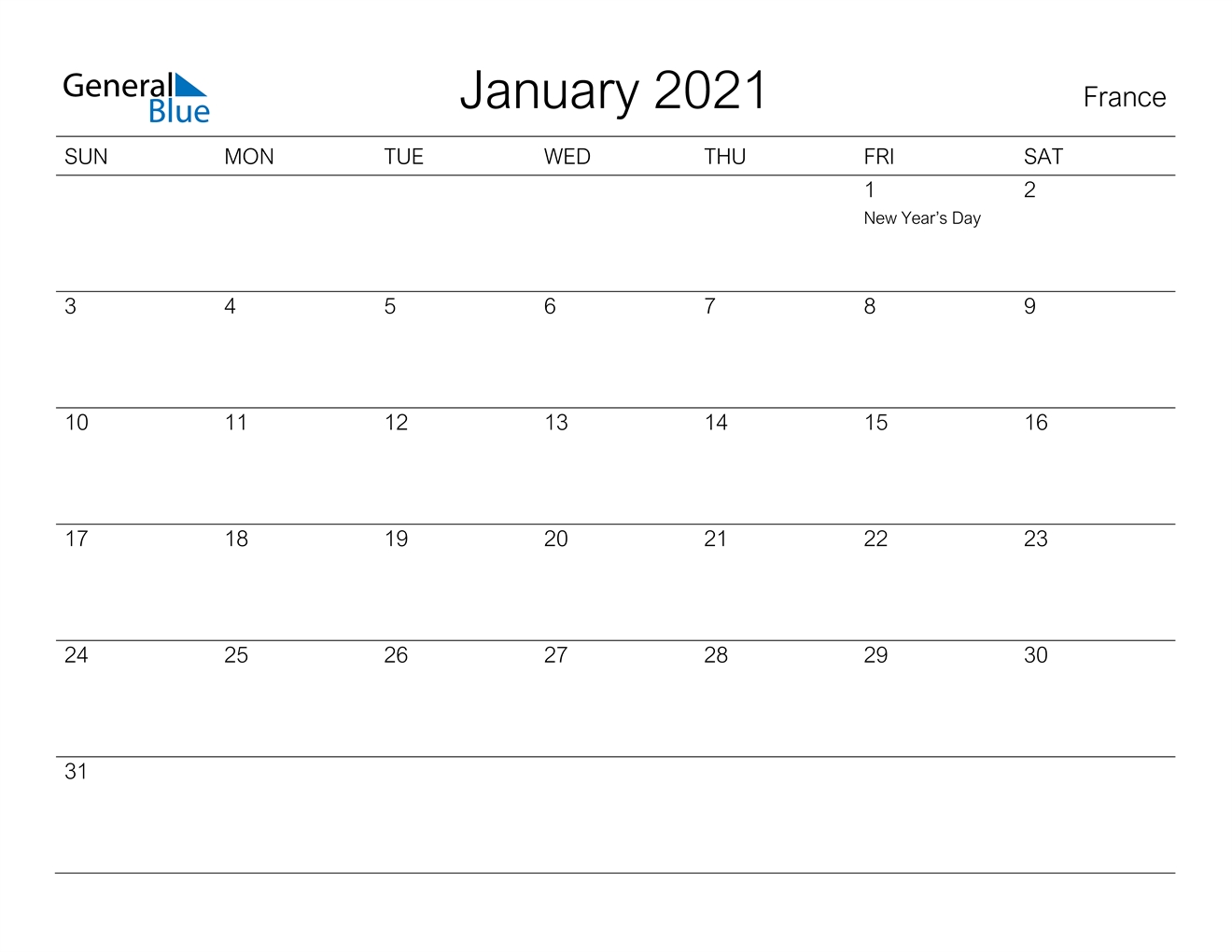 January 2021 Calendar - France