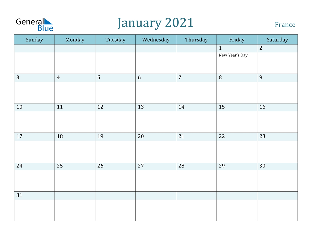 January 2021 Calendar - France