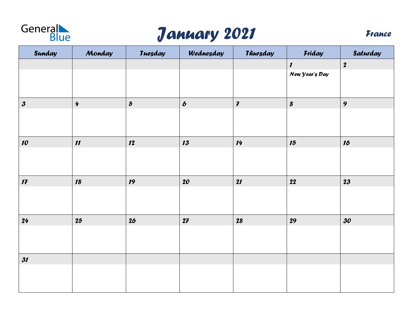 January 2021 Calendar - France