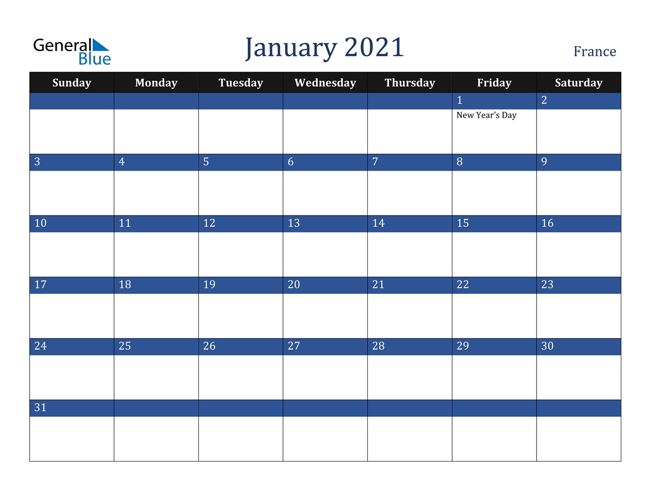 January 2021 Calendar - France