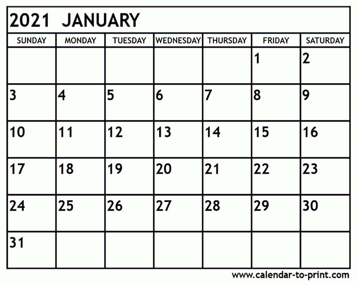 January 2021 Calendar Printable