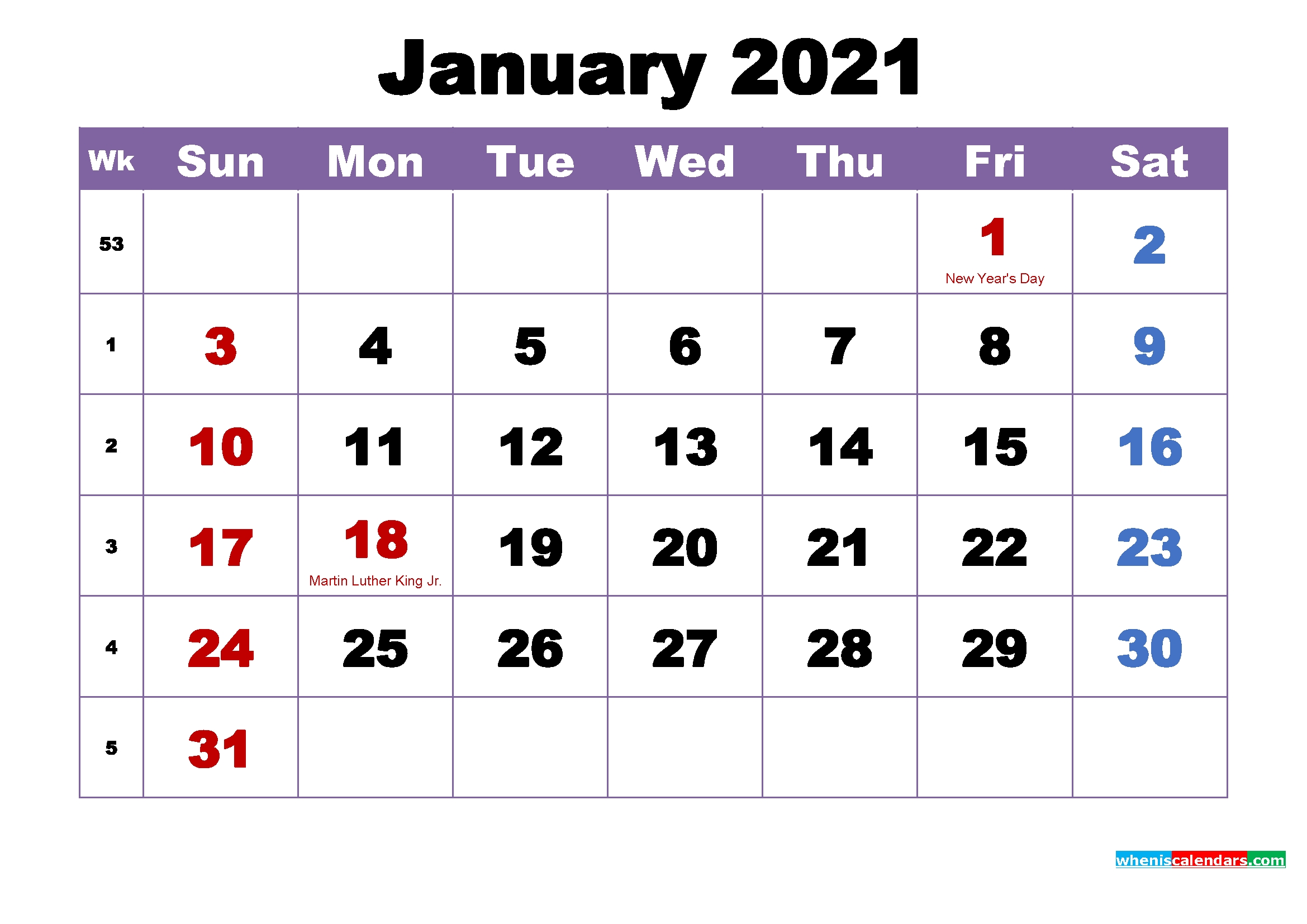 January 2021 Calendar With Holidays Printable – Free