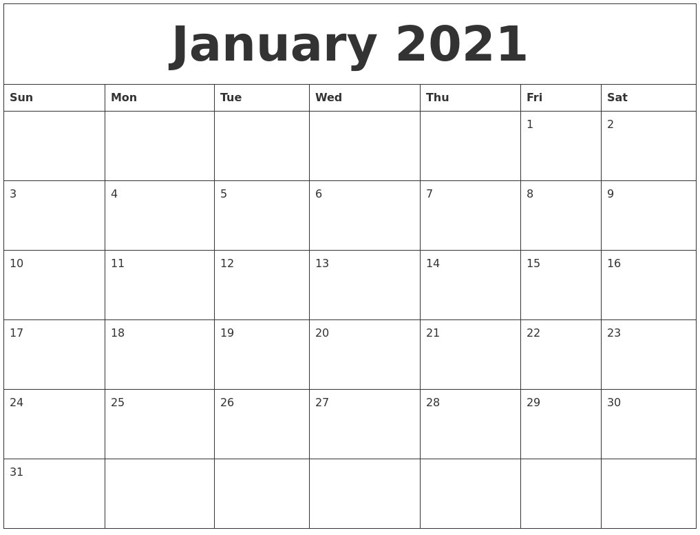 January 2021 Free Downloadable Calendar