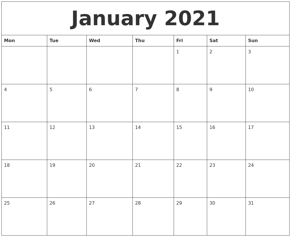 January 2021 Large Printable Calendar