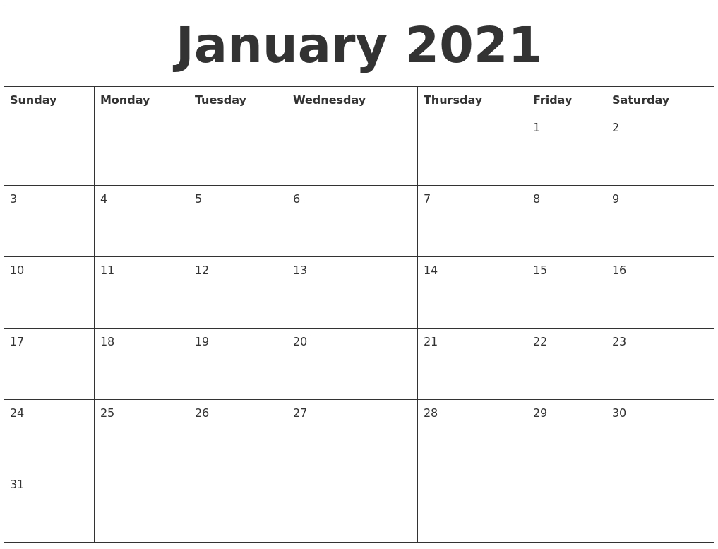 January 2021 Word Calendar