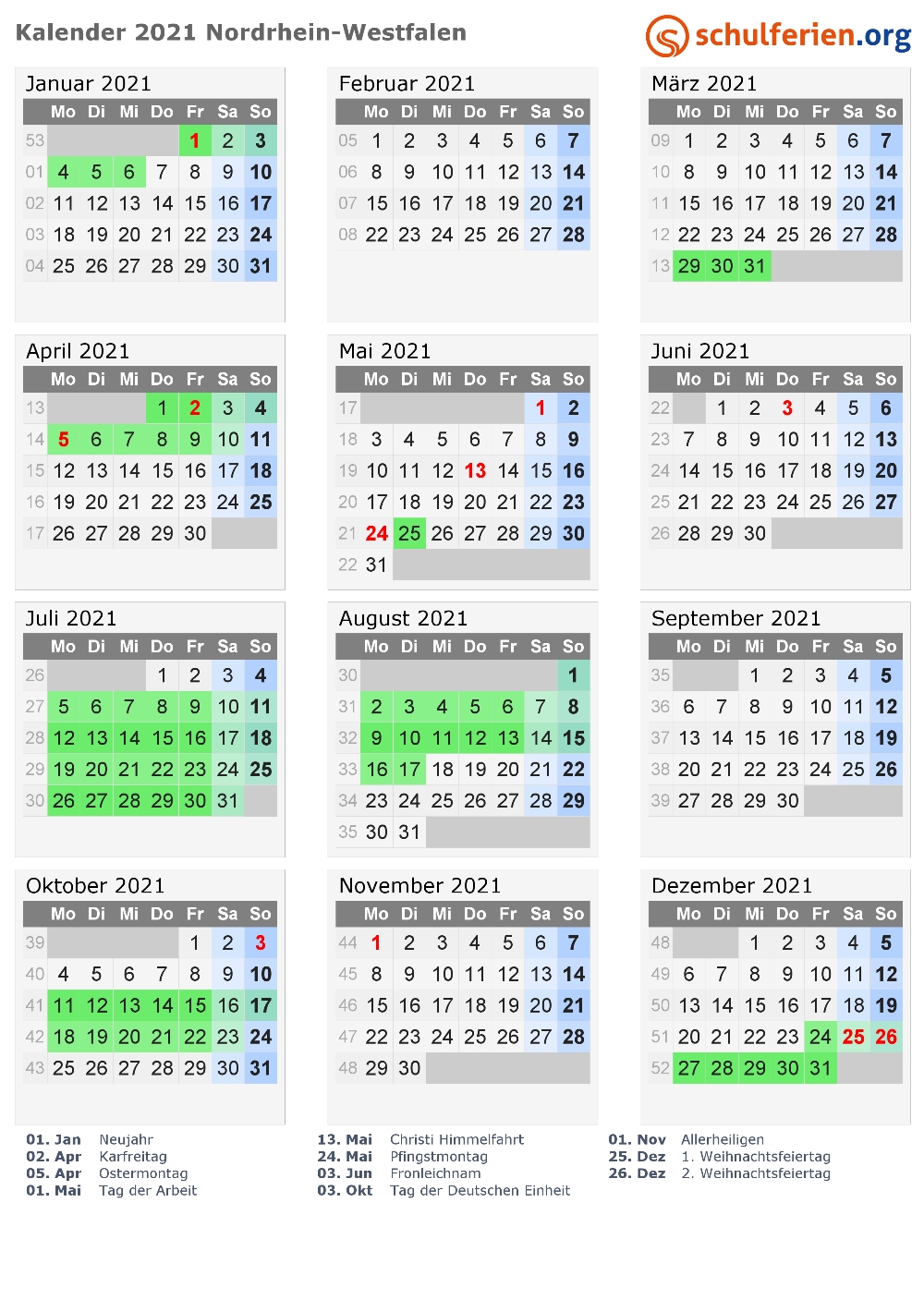 Kalender 2021 + Ferien Nordrhein-Westfalen, Feiertage In