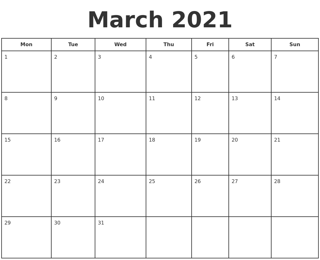 March 2021 Print A Calendar