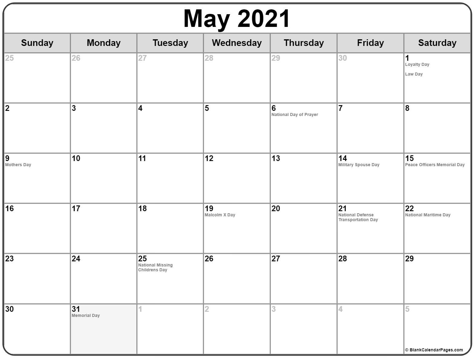 May 2021 Calendar With Holidays