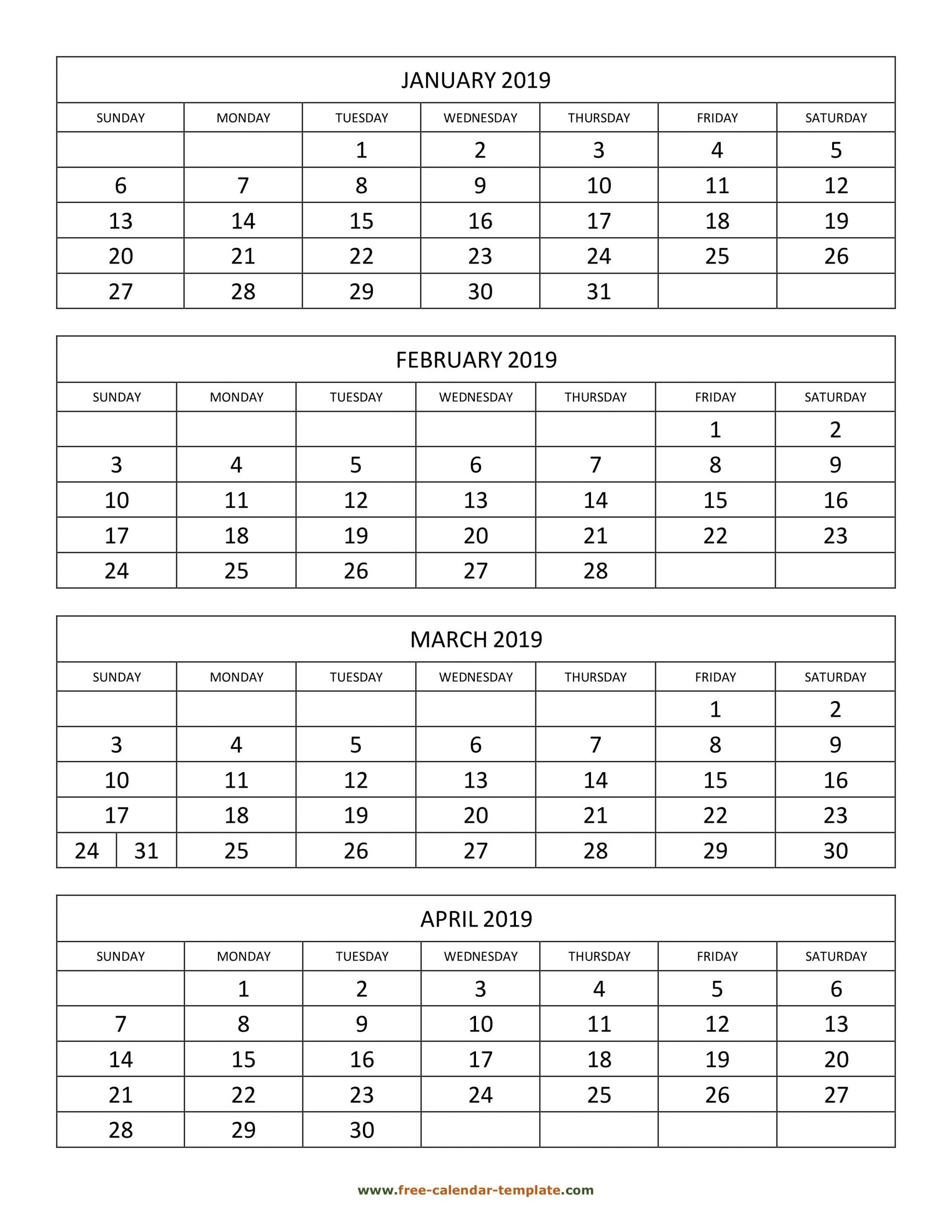 Monthly 2019 Calendar 4 Months Per Page (Vertical) | Free