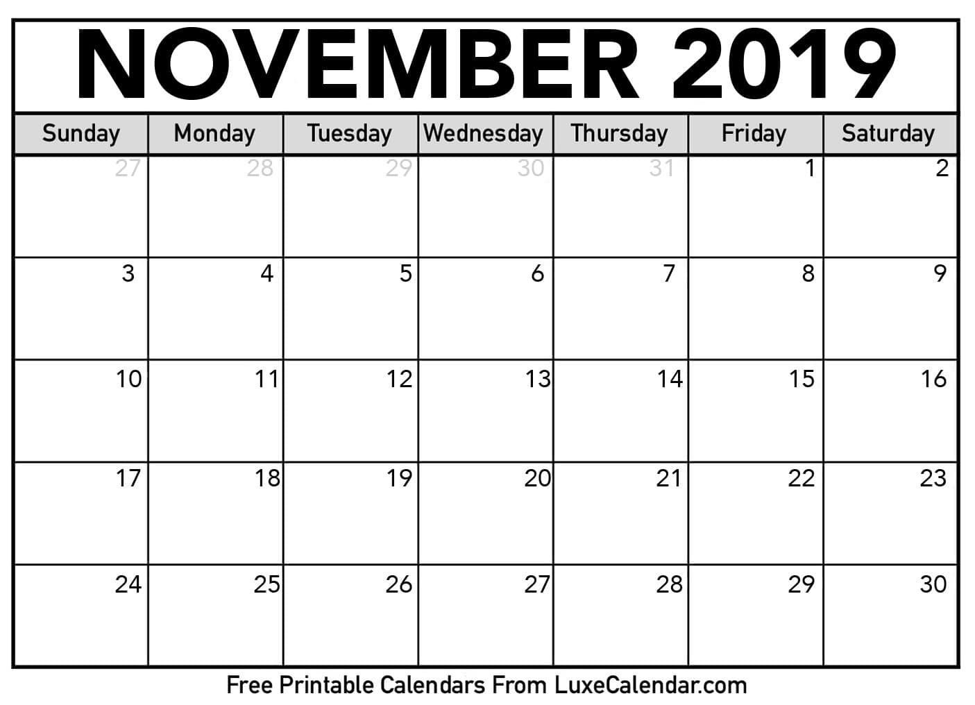 November 2019 Printable Calendars - Luxe Calendar Free