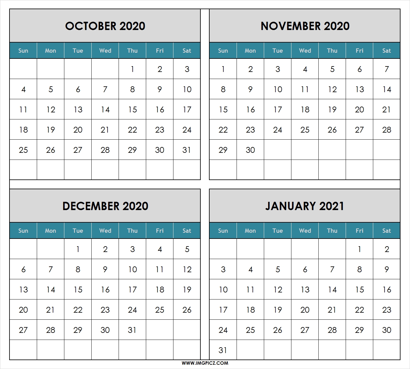 October 2020 To January 2021 Calendar Printable | 4 Months