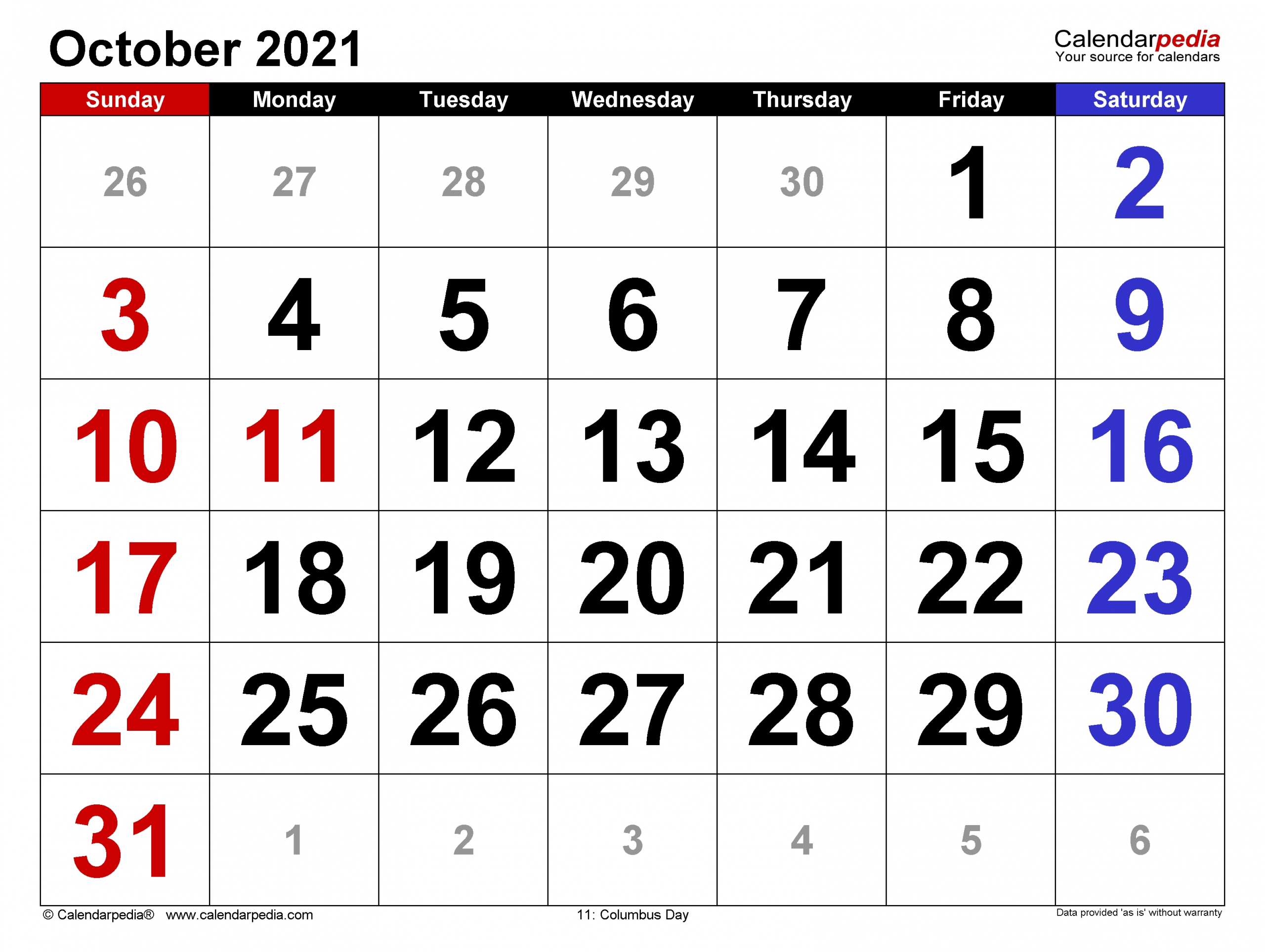 Universal October 2021 Calendar Monday To Friday | Get Your Calendar