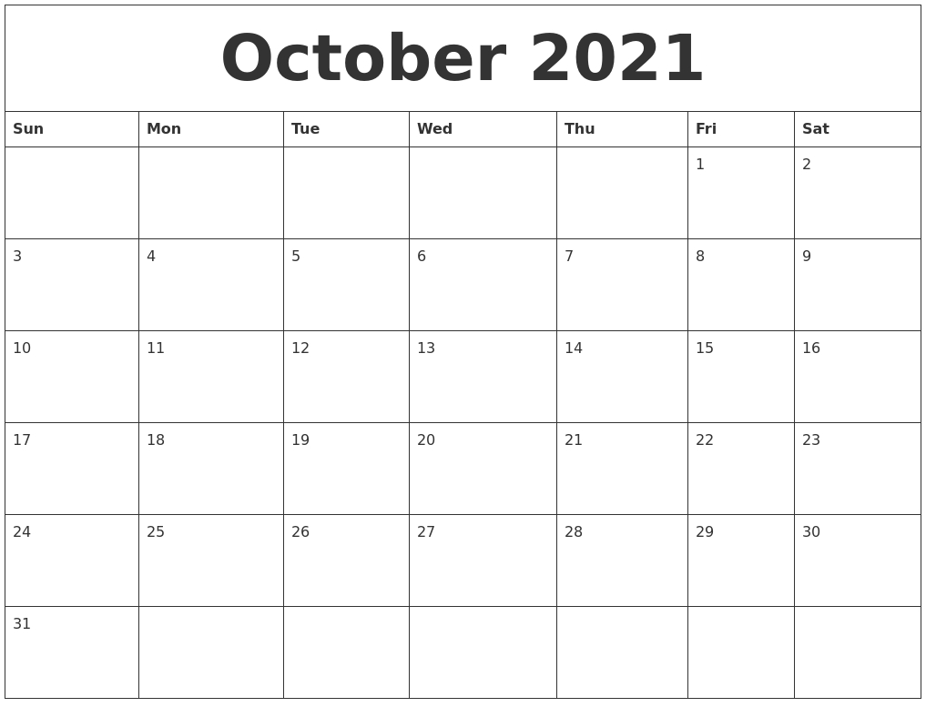 October 2021 Free Printable Monthly Calendar