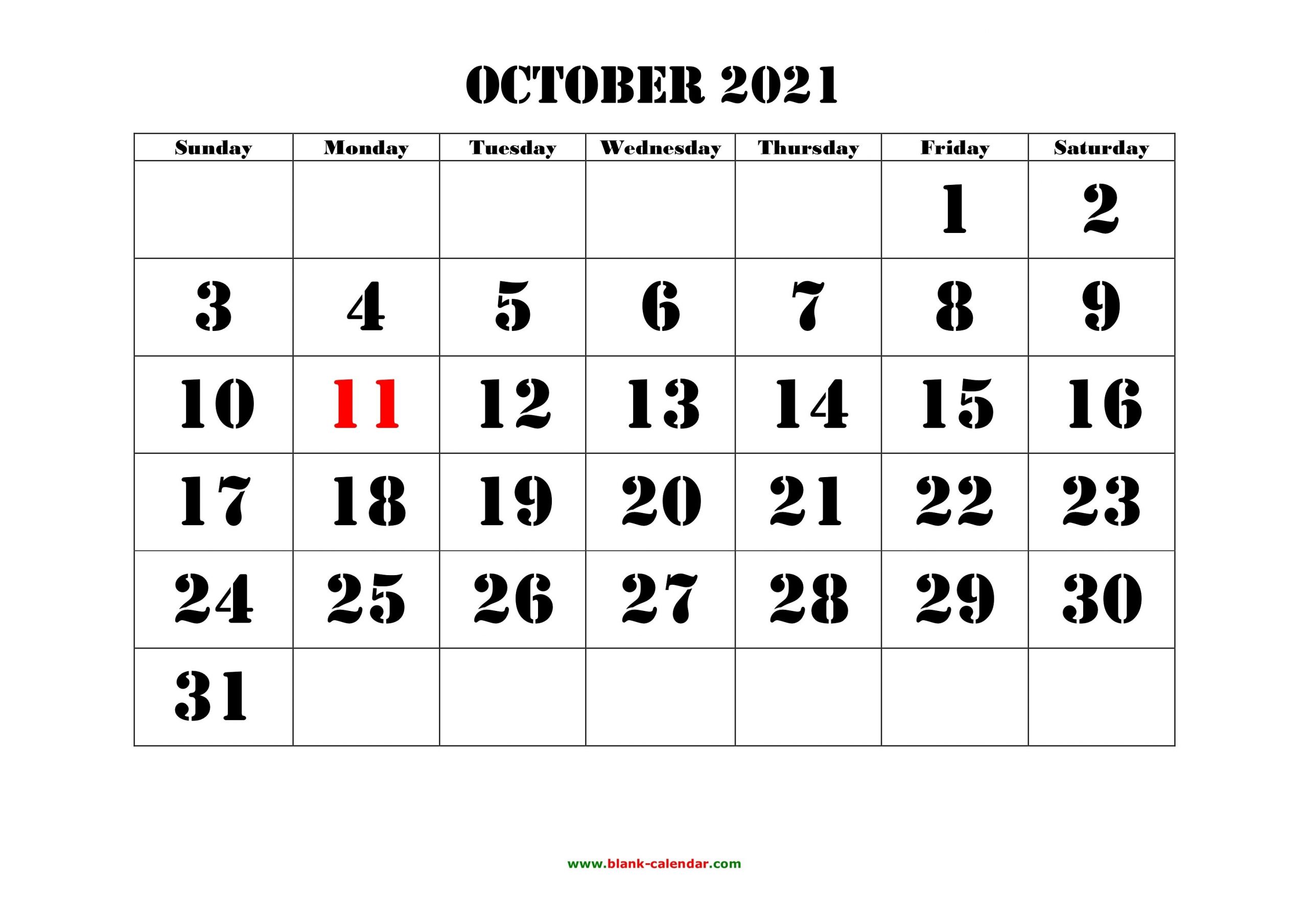 October 2021 Printable Calendar | Free Download Monthly