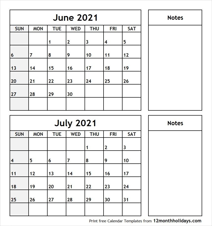 Print June July 2021 Calendar Template | 2 Month Calendar