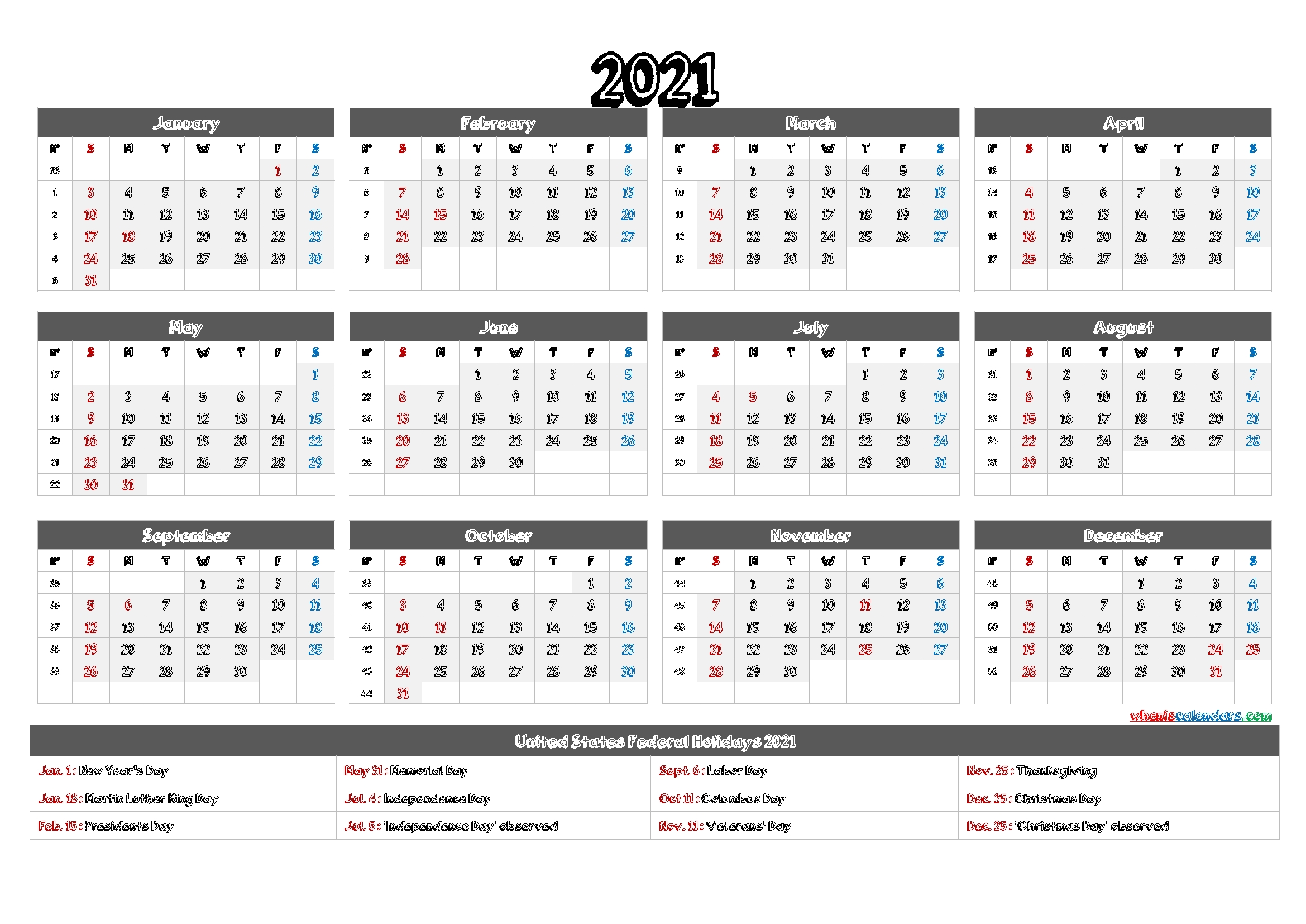 Printable 12 Month Calendar On One Page 2021 – 12 Templates