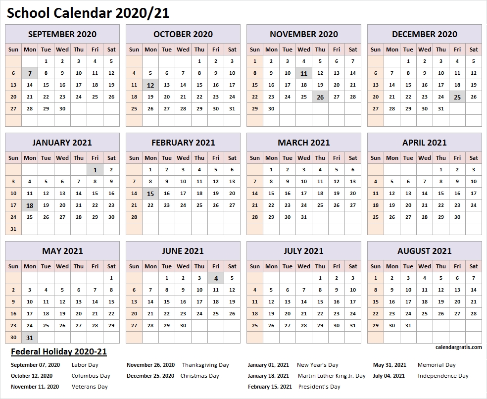 Printable 2020-2021 School Calendar Template (United States
