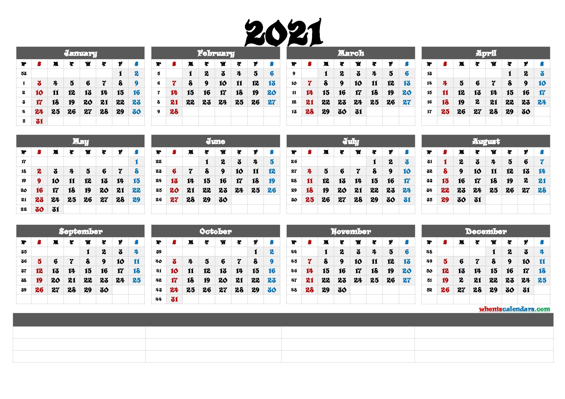 Printable 2021 Yearly Calendar With Week Numbers (6