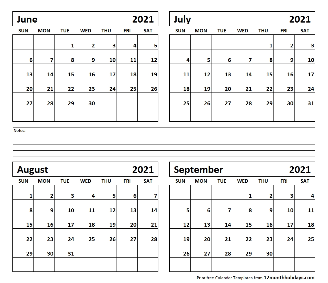 Printable Blank Four Month June July August September 2021