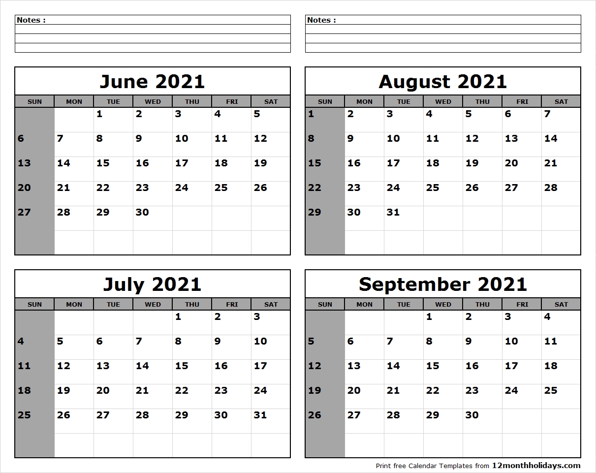 Printable Blank Four Month June July August September 2021