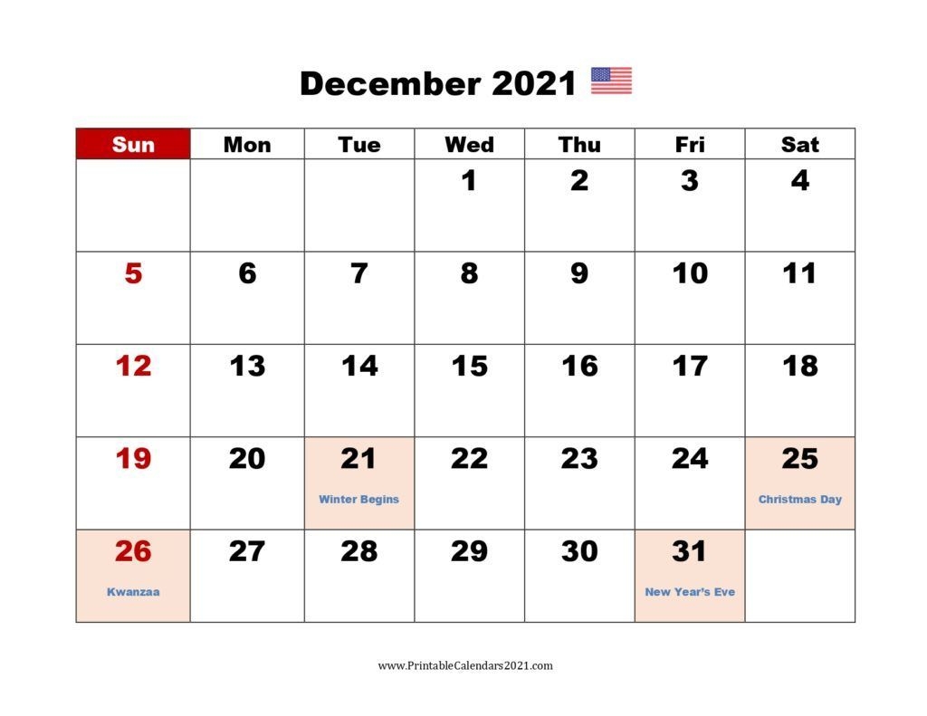 Printable Calendar December 2021, Printable 2021 Calendar