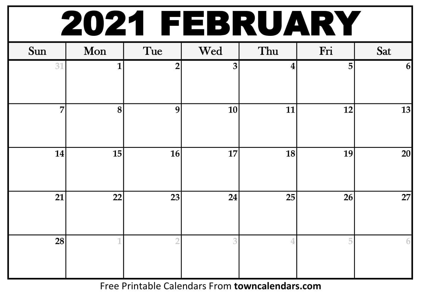 Printable February 2021 Calendar - Towncalendars