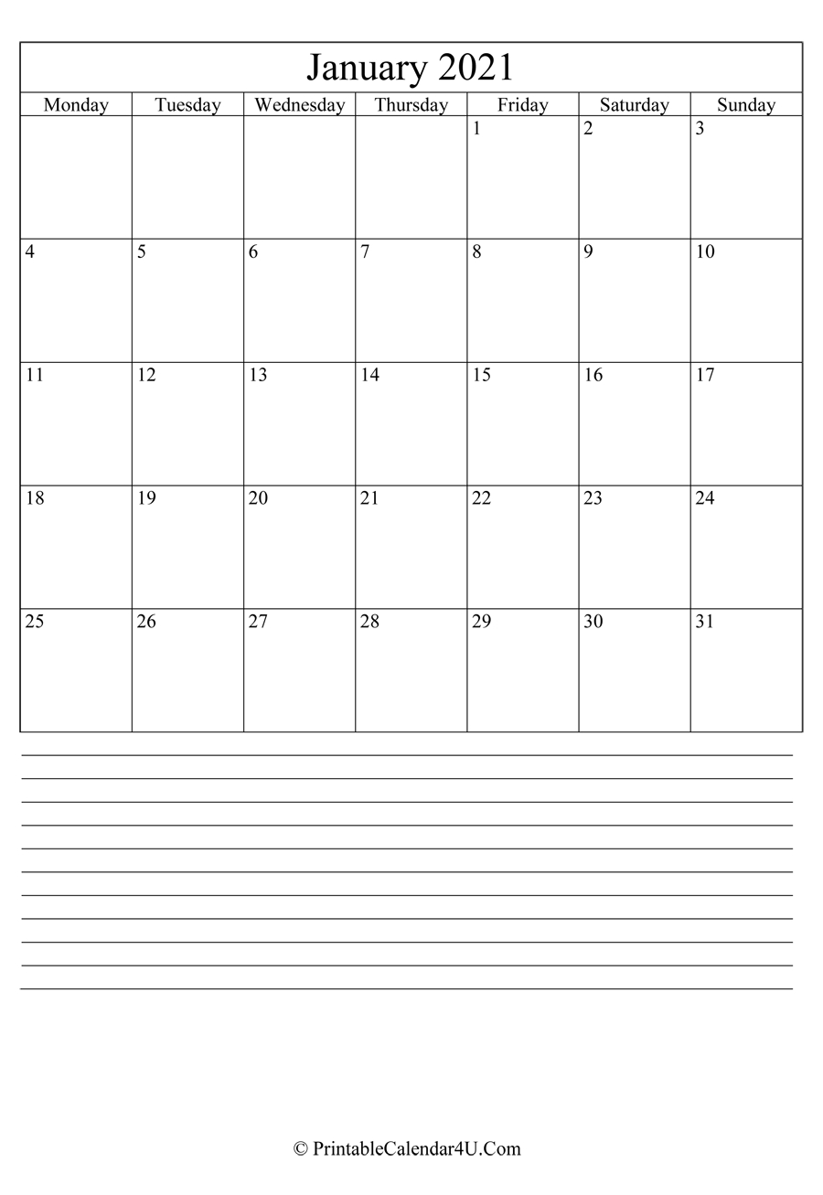 Printable January Calendar 2021 With Notes (Portrait)