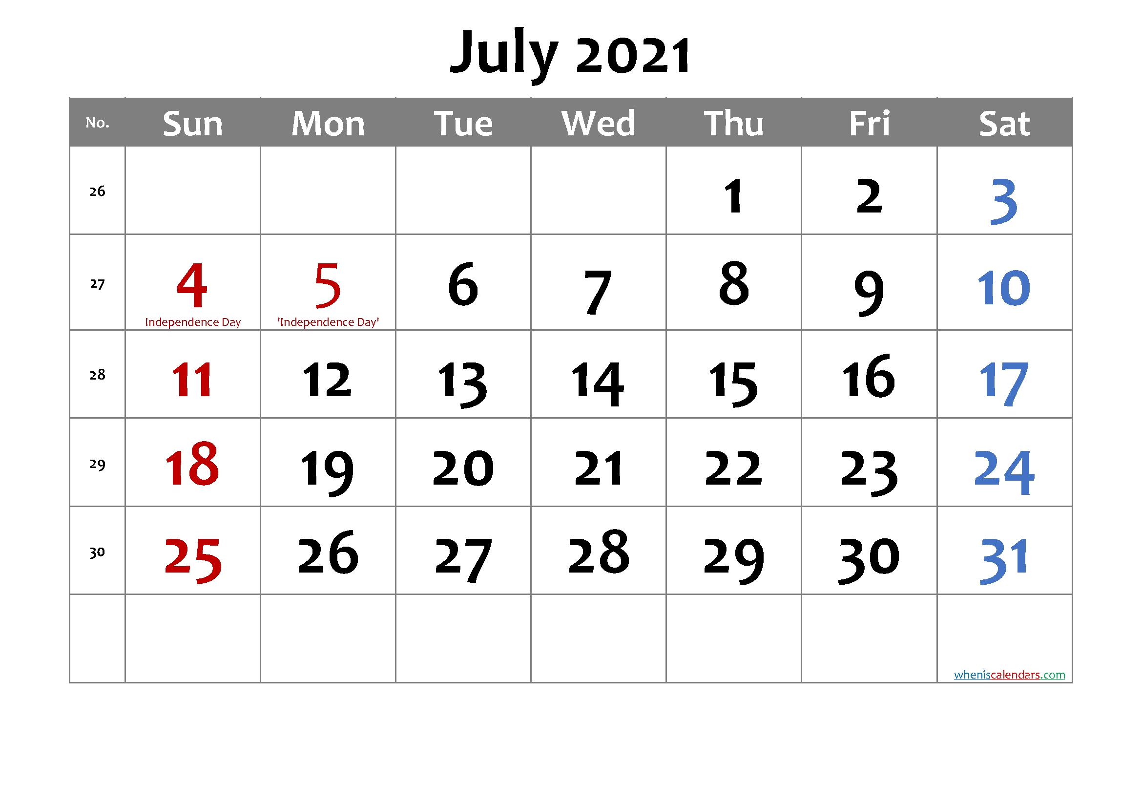 Printable July 2021 Calendar Word-Template No.cd21M7 – Free