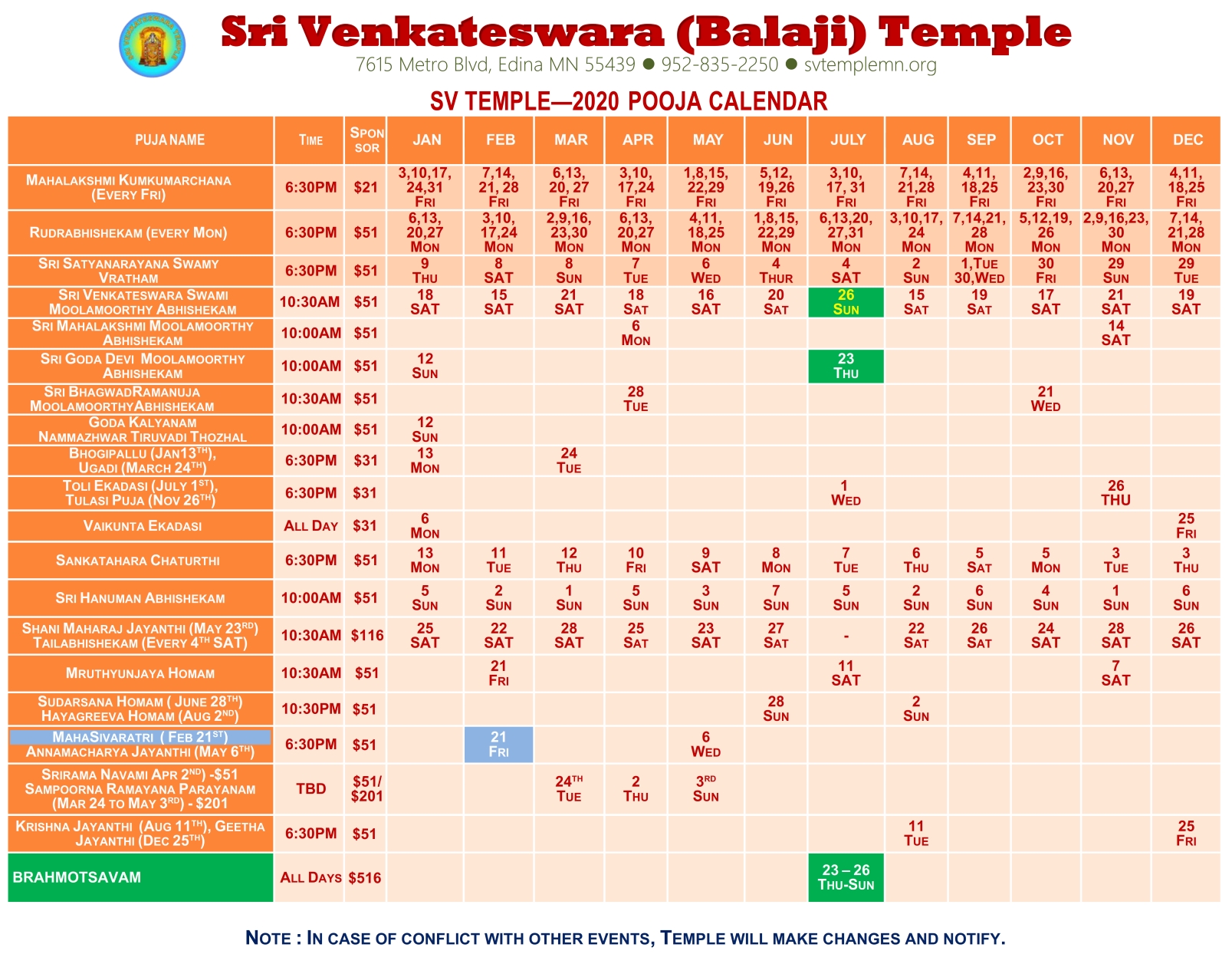 Puja Calendar 2020 | Sri Venkateswara (Balaji) Temple