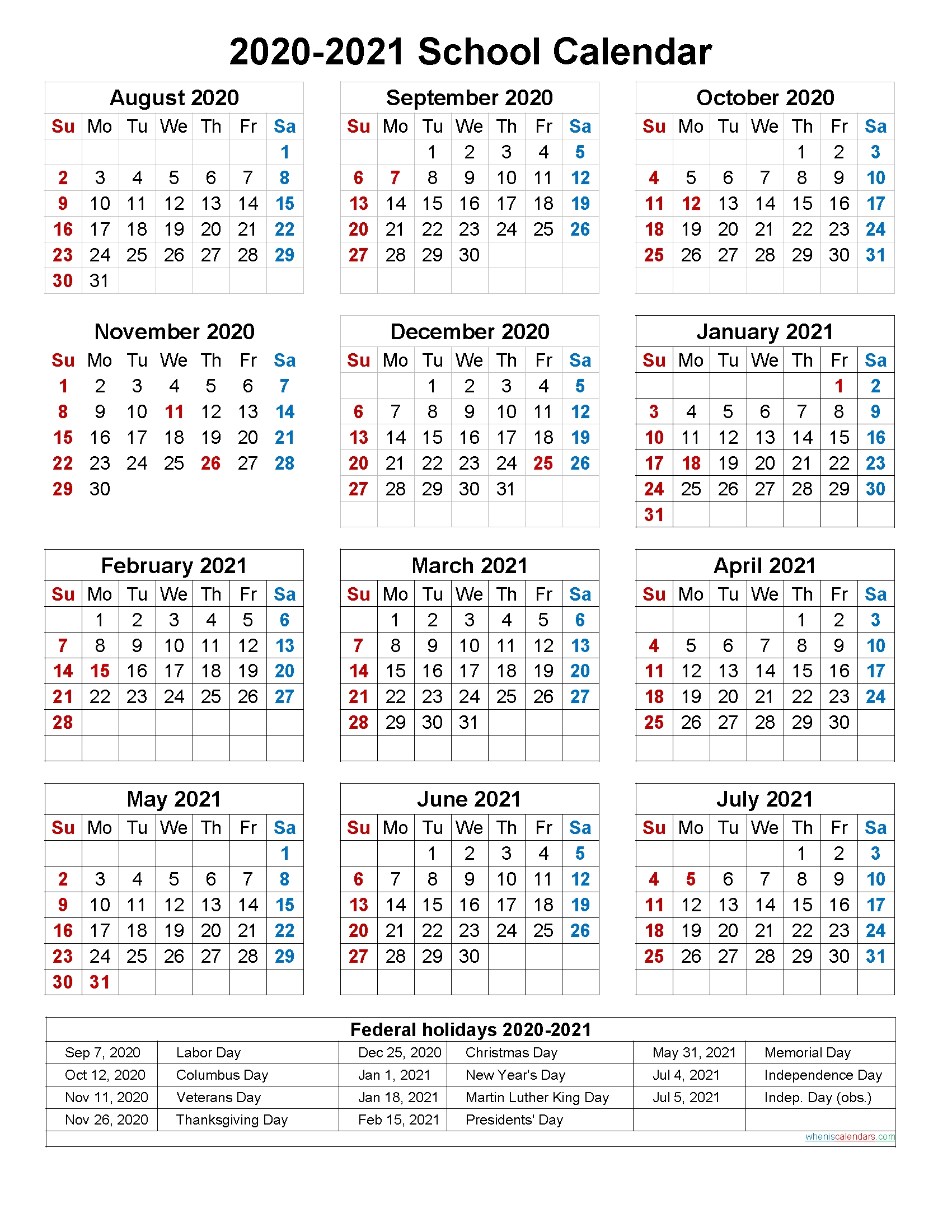 School Calendar 2020 And 2021 Printable (Portrait)- Template
