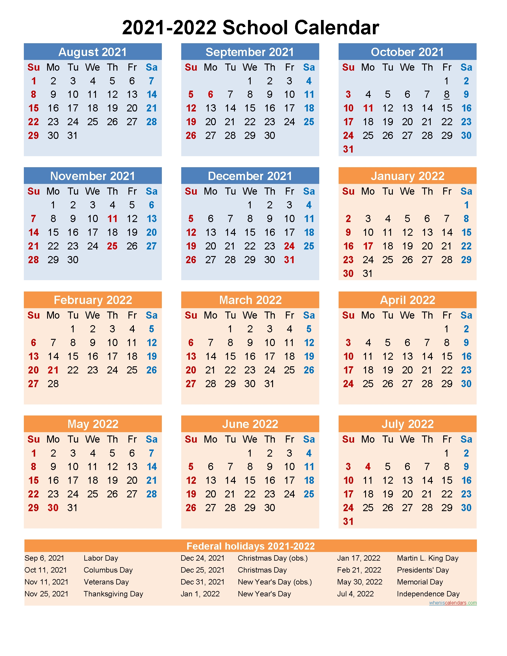 School Calendar 2021 And 2022 Printable (Portrait)- Template