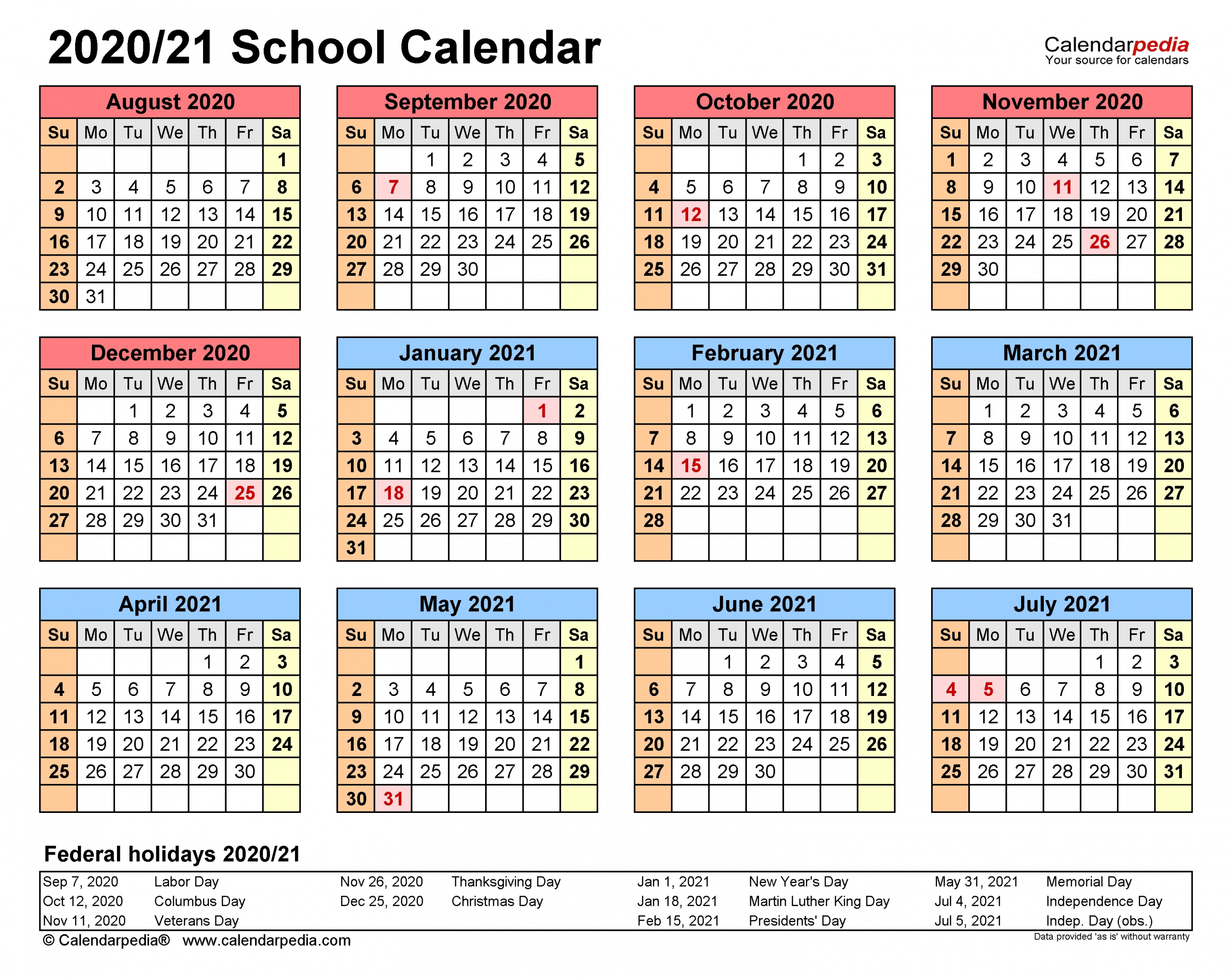 School Calendars 2020/2021 - Free Printable Word Templates