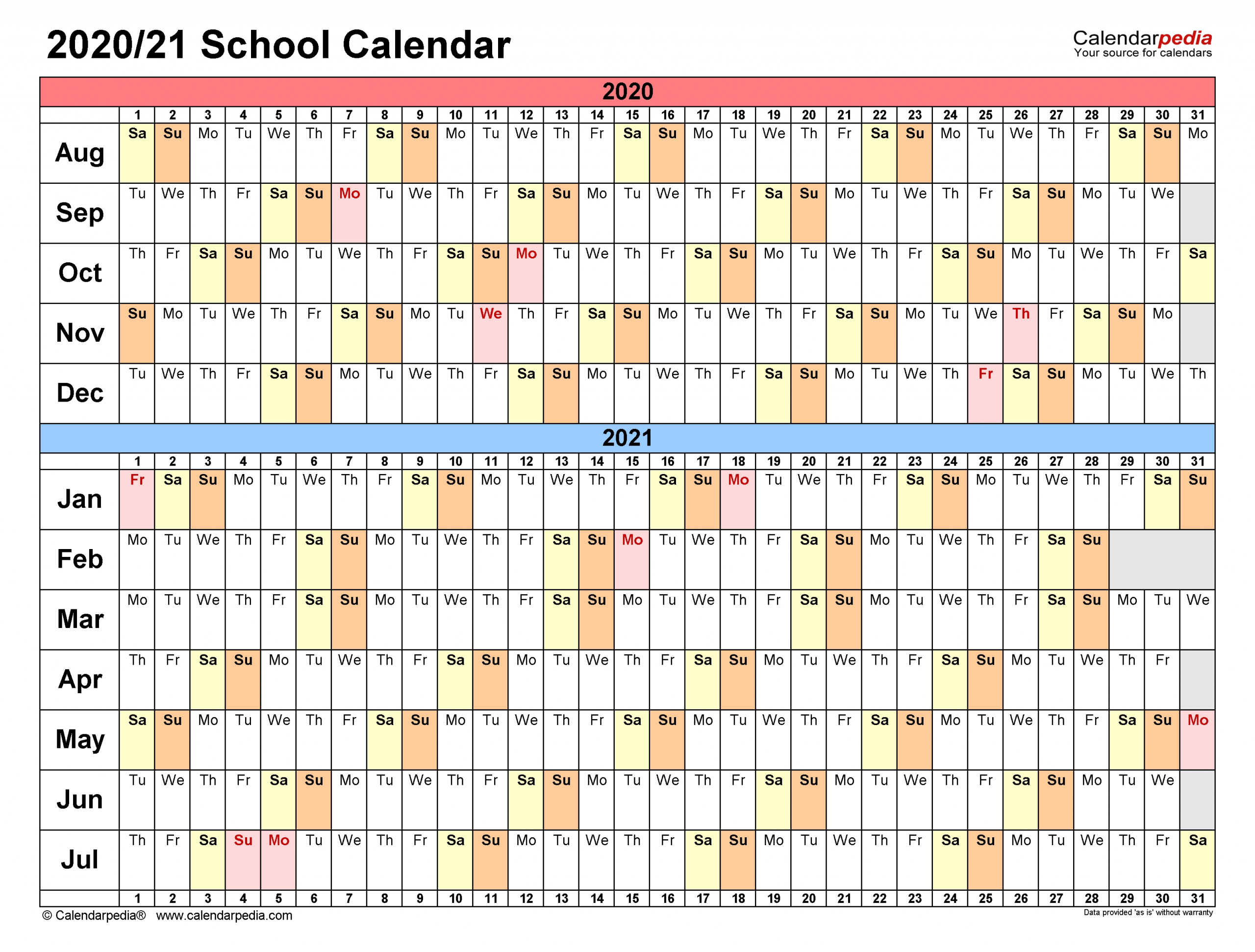 School Calendars 2020/2021 - Free Printable Word Templates