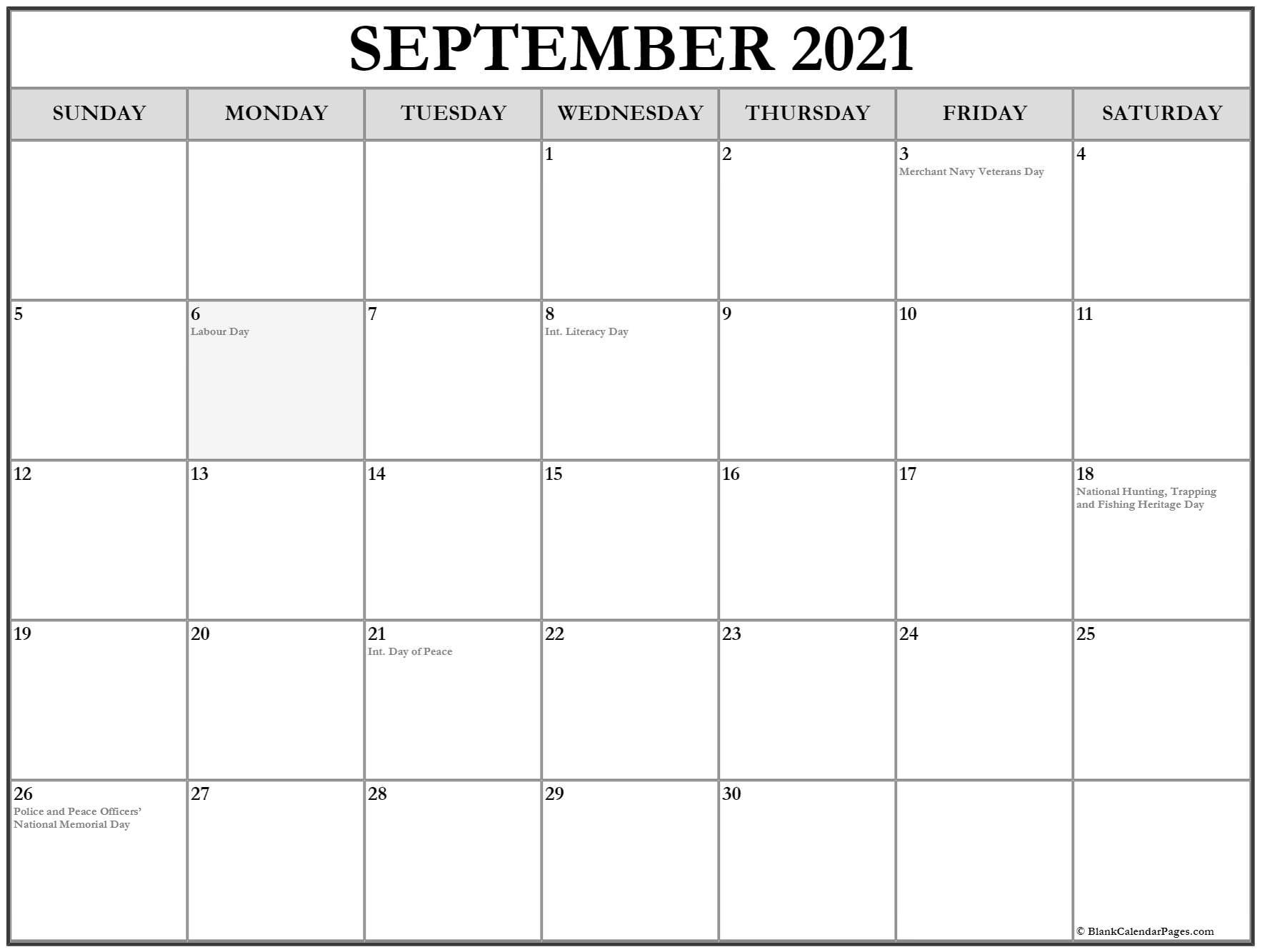 September 2021 Calendar With Holidays