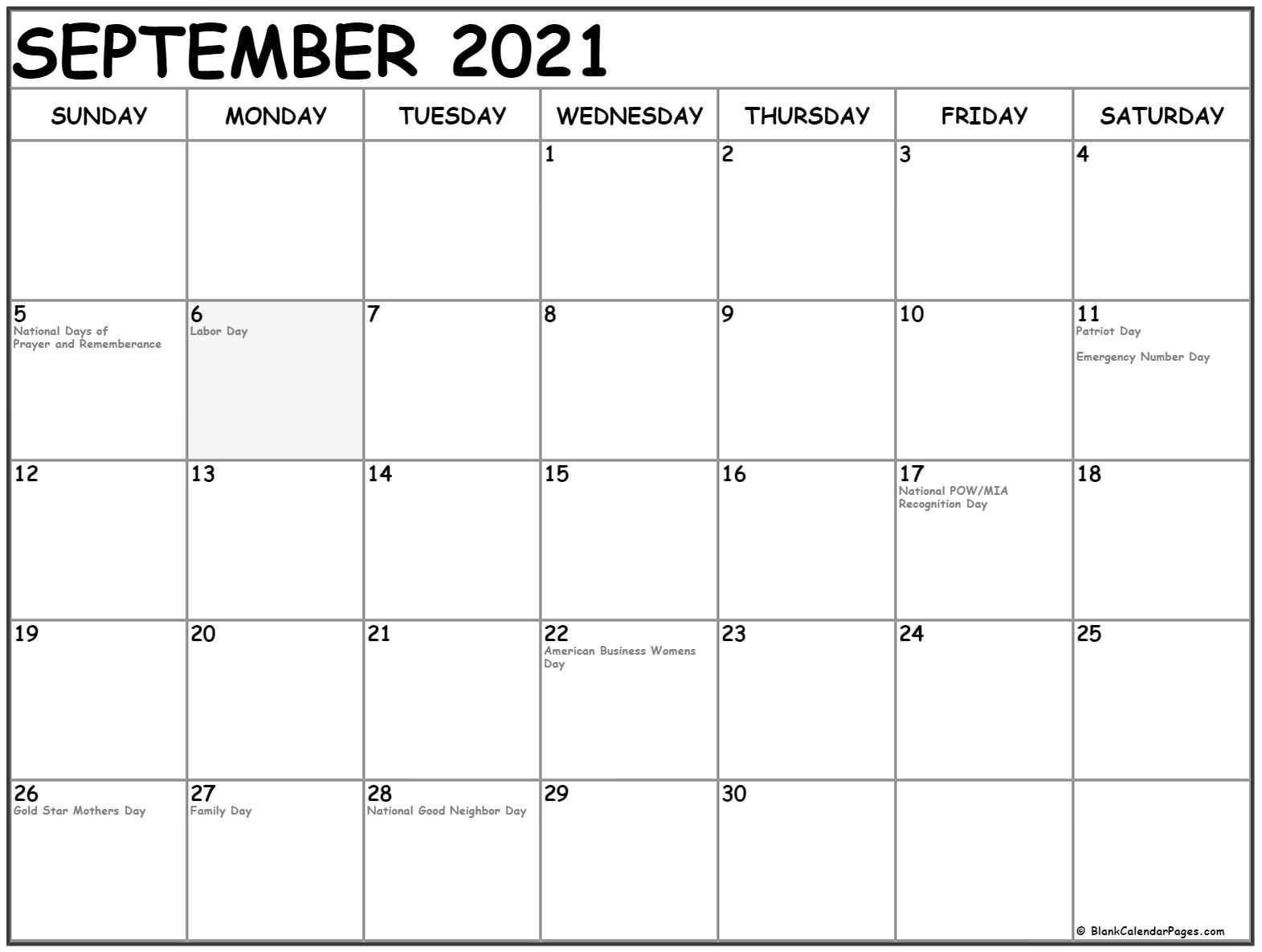 September 2021 Calendar With Holidays